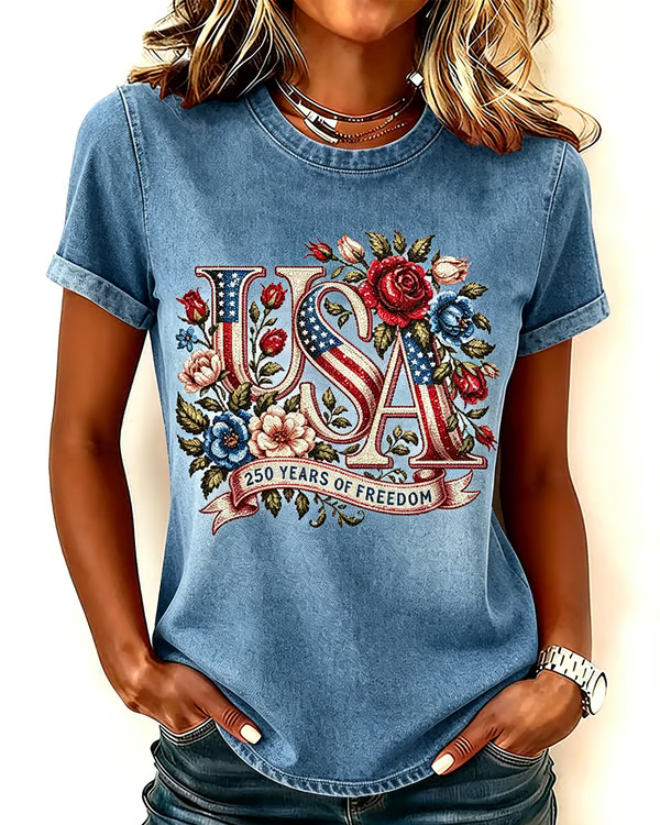 250th Anniversary Fun Alphabet Rose Print Crew Neck Short Sleeve Tshirt