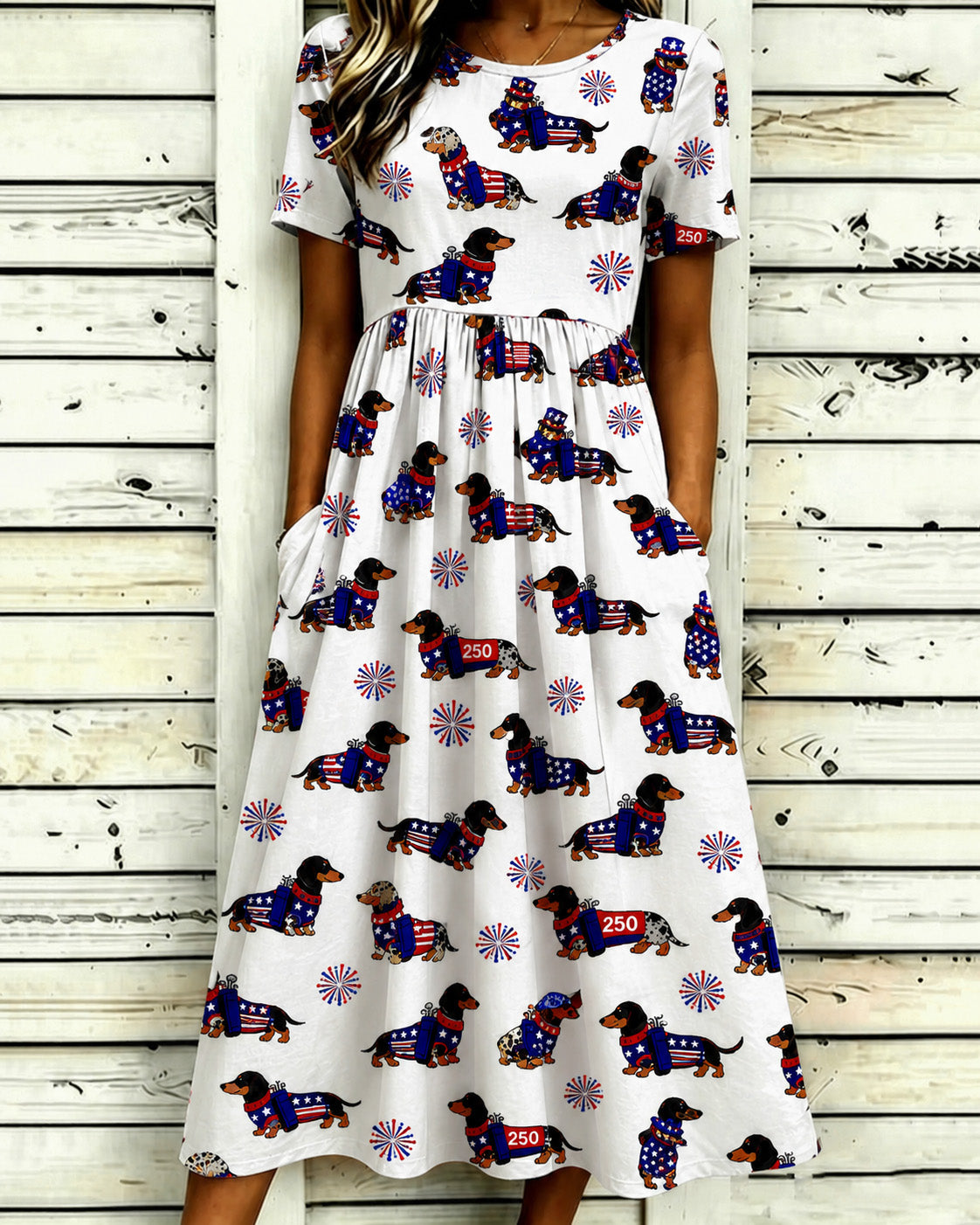 250th Anniversary Fun Cartoon Dog Print Pocket Casual Dress