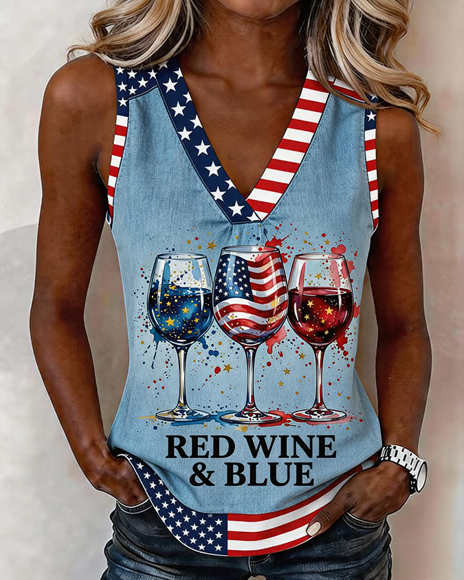 Women's 250th Anniversary Fun Wine Glass Print V-Neck Vest