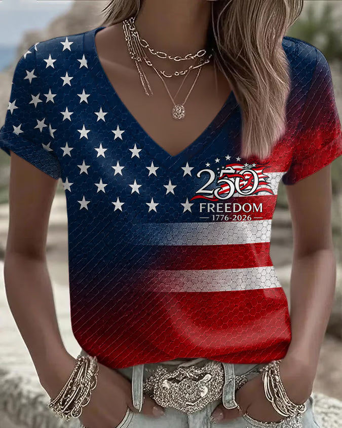 250th Anniversary Geometric Flag Print with National Flag Print V-neck Short Sleeve Tshirt