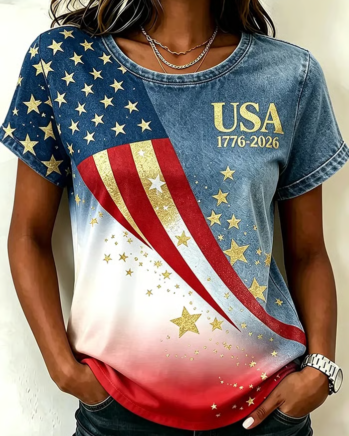 250th Anniversary Golden Star Print Crew Neck Short Sleeve Tshirt