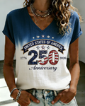 Women's 250th Anniversary Gradient Colors Print V-neck Short Sleeve Tshirt