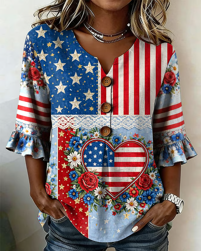 Women'S Casual 250th Anniversary Heart-Shaped National Flag Patch Print Lace Patchwork Half-sleeved Shirt