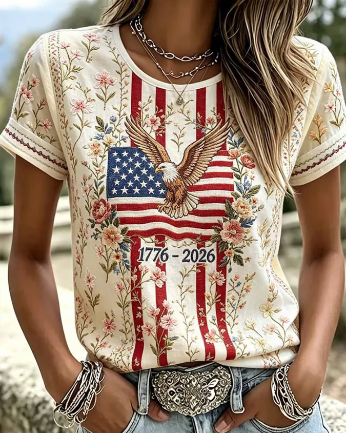 250th Anniversary National Flag Daisy Printed Short-sleeved T-shirt