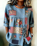 250th Anniversary National Flag Flower Patch Cotton Linen Button-down Tie Blouse