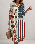250th Anniversary National Flag Flower Patchwork Print Collared Cutout Casual Linen-Cotton Midi Dress