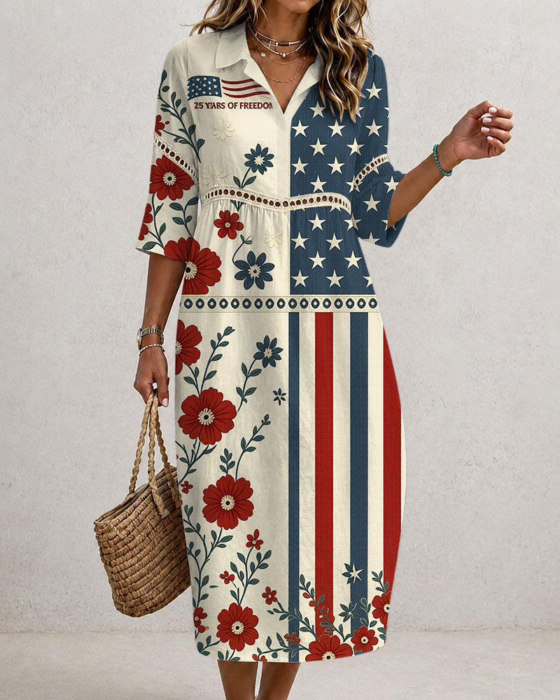 250th Anniversary National Flag Flower Patchwork Print Collared Cutout Casual Linen-Cotton Midi Dress