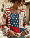 250th Anniversary National Flag Flowers Print Round Neck Puff Sleeves Blouse