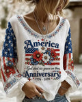 250th Anniversary National Flag Flowers Print Round Neck Puff Sleeves Blouse