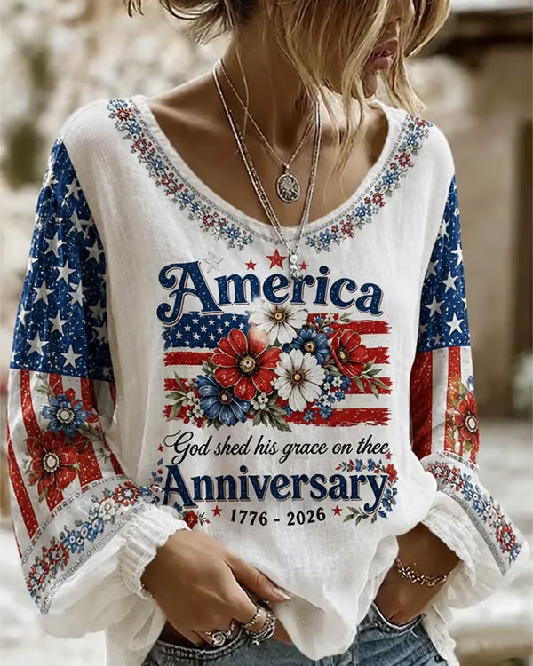 250th Anniversary National Flag Flowers Print Round Neck Puff Sleeves Blouse