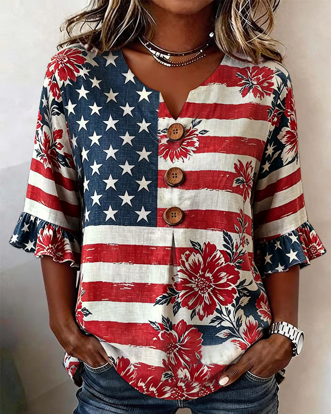 250th Anniversary National Flag Rose Print Half-sleeved Shirt
