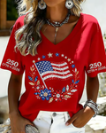 250th Anniversary National Flag Rose Print V-neck Short Sleeve Tshirt