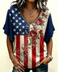 250th Anniversary National Flag Rose V-Neck Short Sleeve T-shirt