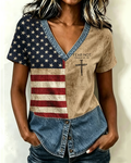 250th Anniversary National Flag and Cross V-Neck Patchwork Top