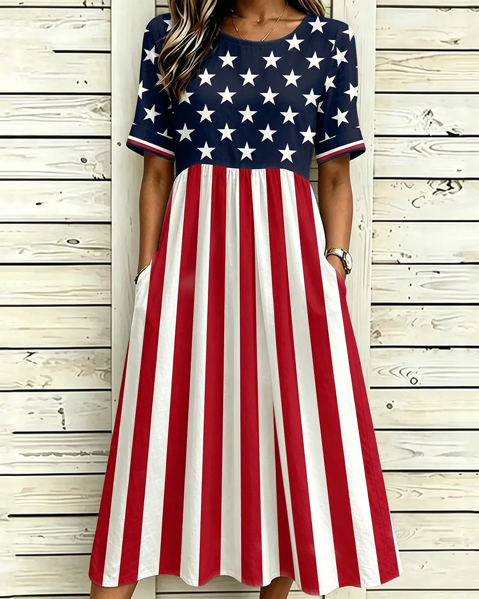 250th Anniversary Red Striped Star Print Pocket Casual Dress