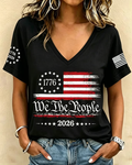 100% Cotton 250th Anniversary Retro National Flag Print V-neck Short Sleeve Tshirt