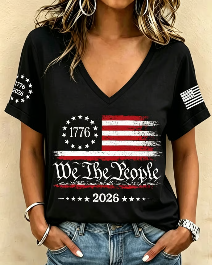 100% Cotton 250th Anniversary Retro National Flag Print V-neck Short Sleeve Tshirt