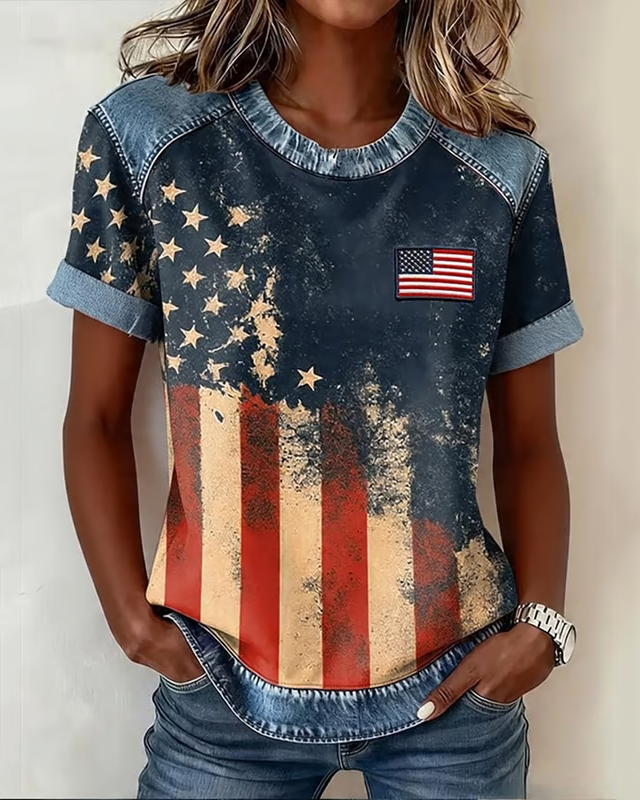 Crew Neck 250th Anniversary Retro National Flag Printed Short-sleeved T-shirt