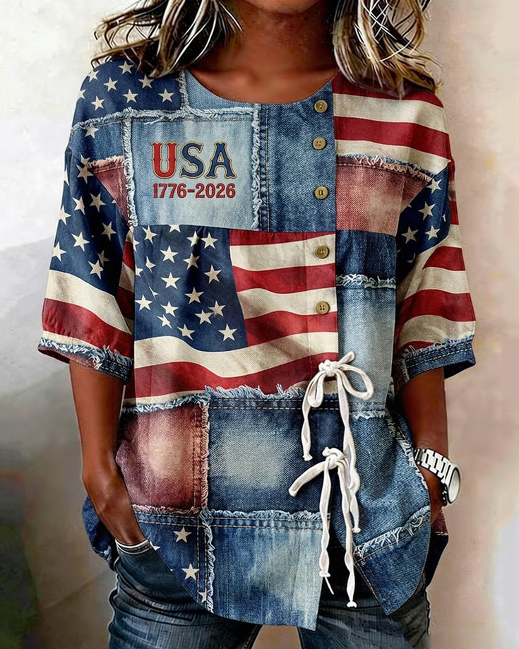 250th Anniversary Retro National Flag Cotton Linen Button-down Tie Blouse