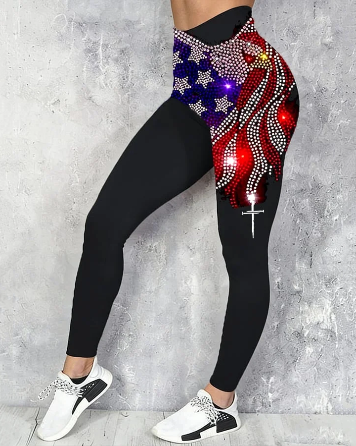 250th Anniversary Rhinestone National Flag High-waisted Fitted Stretchy Leggings