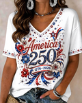250th Anniversary Ribbon Star Print V-neck Short Sleeve Tshirt