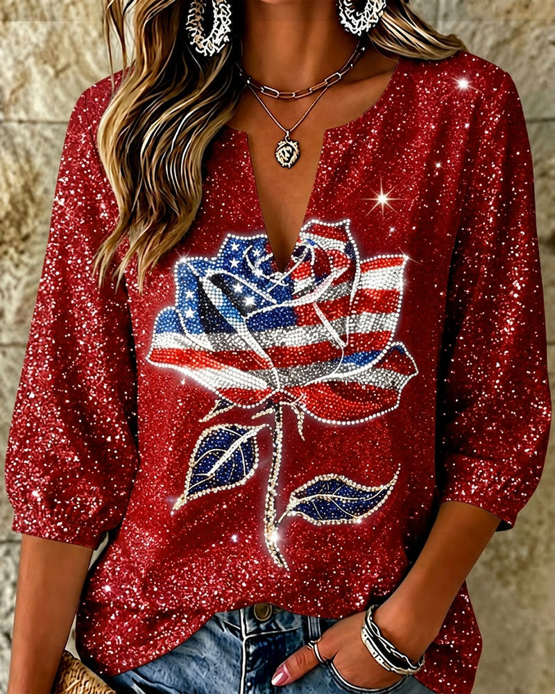 250th Anniversary Rose Print V‑Neck 3/4 Sleeve Blouse