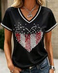 250th Anniversary Sequin Heart Print V-neck Short Sleeve Tshirt