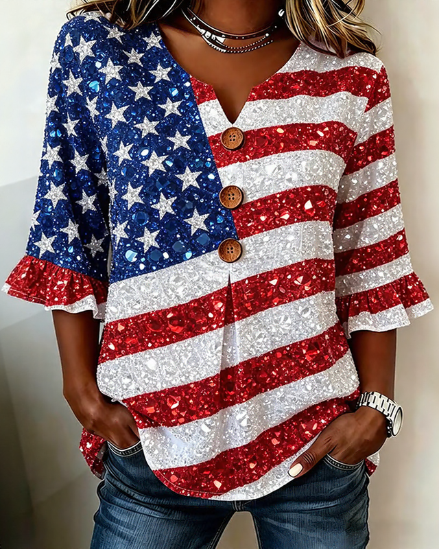 250th Anniversary Sequined National Flag Print Half-sleeved Shirt