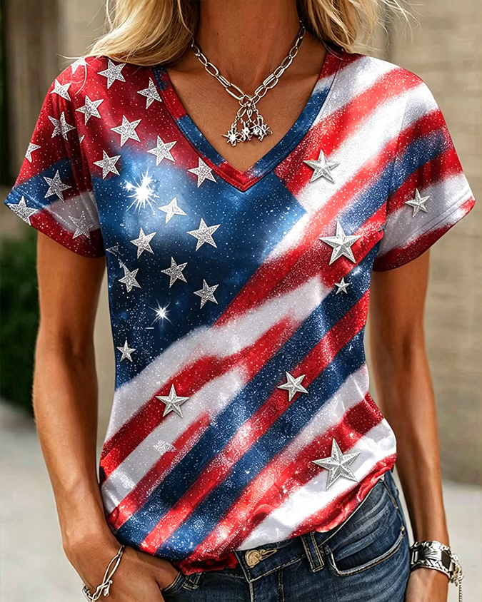 250th Anniversary Shining Star National Flag Printed Short-sleeved T-shirt