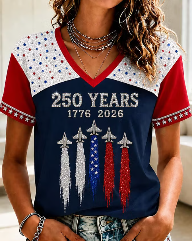 250th Anniversary Spaceship Print V-neck Short Sleeve Tshirt