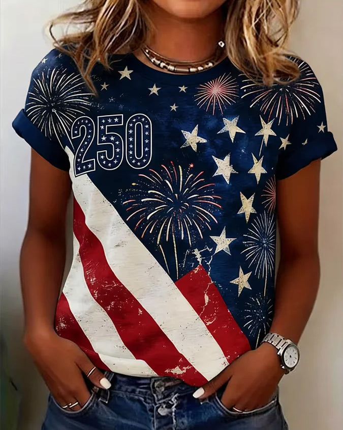 250th Anniversary Stamp Print Crew Neck Short Sleeve Tshirt