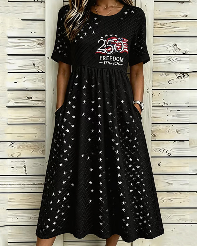 250th Anniversary Star Letter  Print Pocket Casual Dress