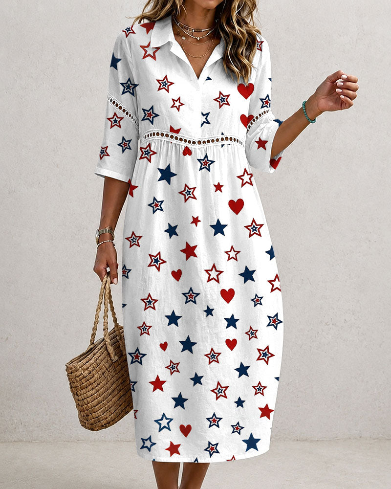 250th Anniversary Star Print Collared Cutout Casual Linen-Cotton Midi – printfem
