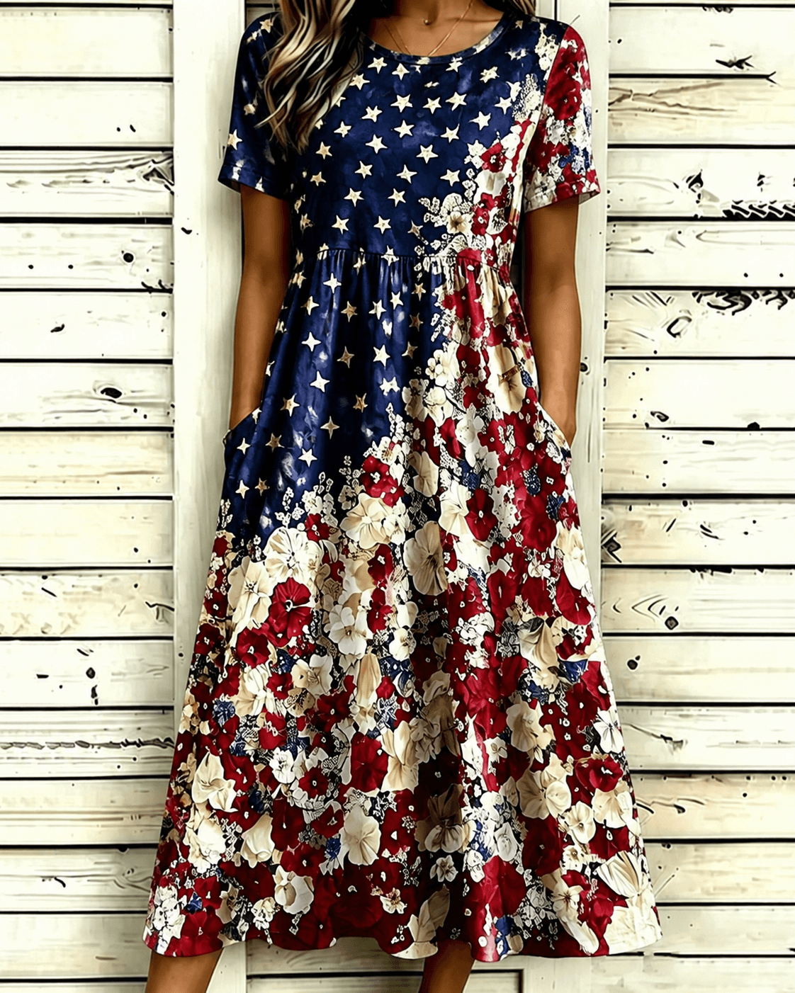 250th Anniversary Star Roses Print Pocket Casual Dress