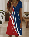 V-neck 250th Anniversary Star Wave Stripes Block Mini Dress