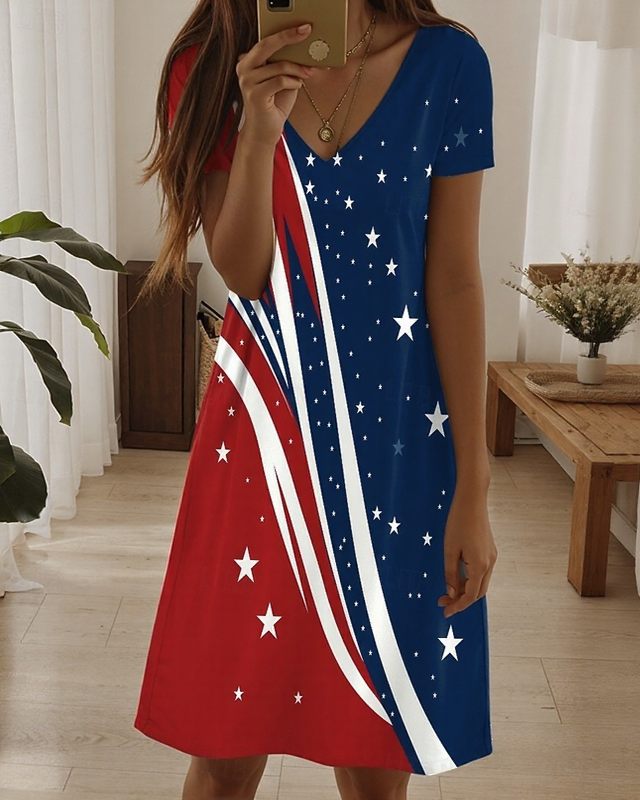 V-neck 250th Anniversary Star Wave Stripes Block Mini Dress