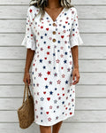 250th Anniversary Star & Heart Print Cotton-Linen Lace Sleeves Midi Dress
