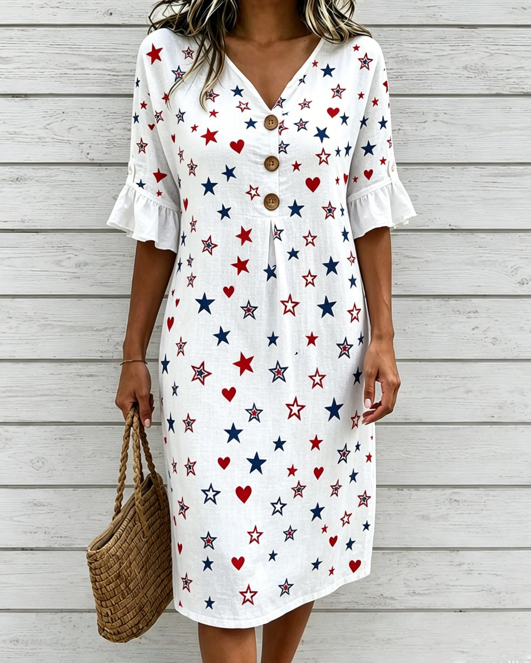 250th Anniversary Star & Heart Print Cotton-Linen Lace Sleeves Midi Dress