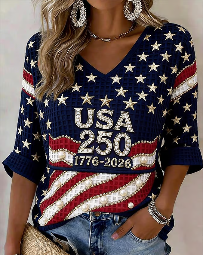 250th Anniversary Star and Flag V-neck Half Sleeved Loose Top