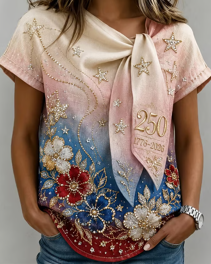 250th Anniversary Stars and Flowers Print Tie-Neck Short-Sleeve Top