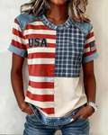 Crew Neck 250th Anniversary Striped Checkered Patchwork Printed Short-sleeved T-shirt