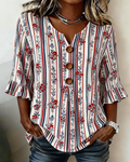 250th Anniversary Striped Floral Print Half Sleeve Casual Blouse