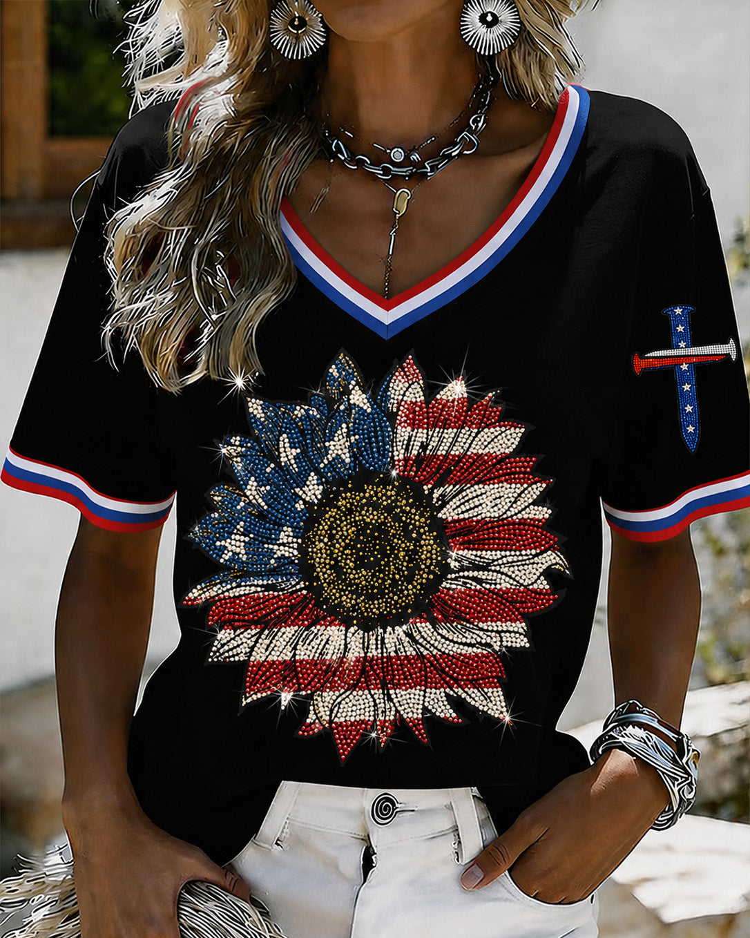 250th Anniversary Sunflower Print V-neck Short Sleeve Tshirt