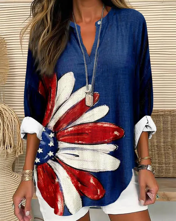 250th Anniversary Sunflower V-Neck Long Sleeve Blouse