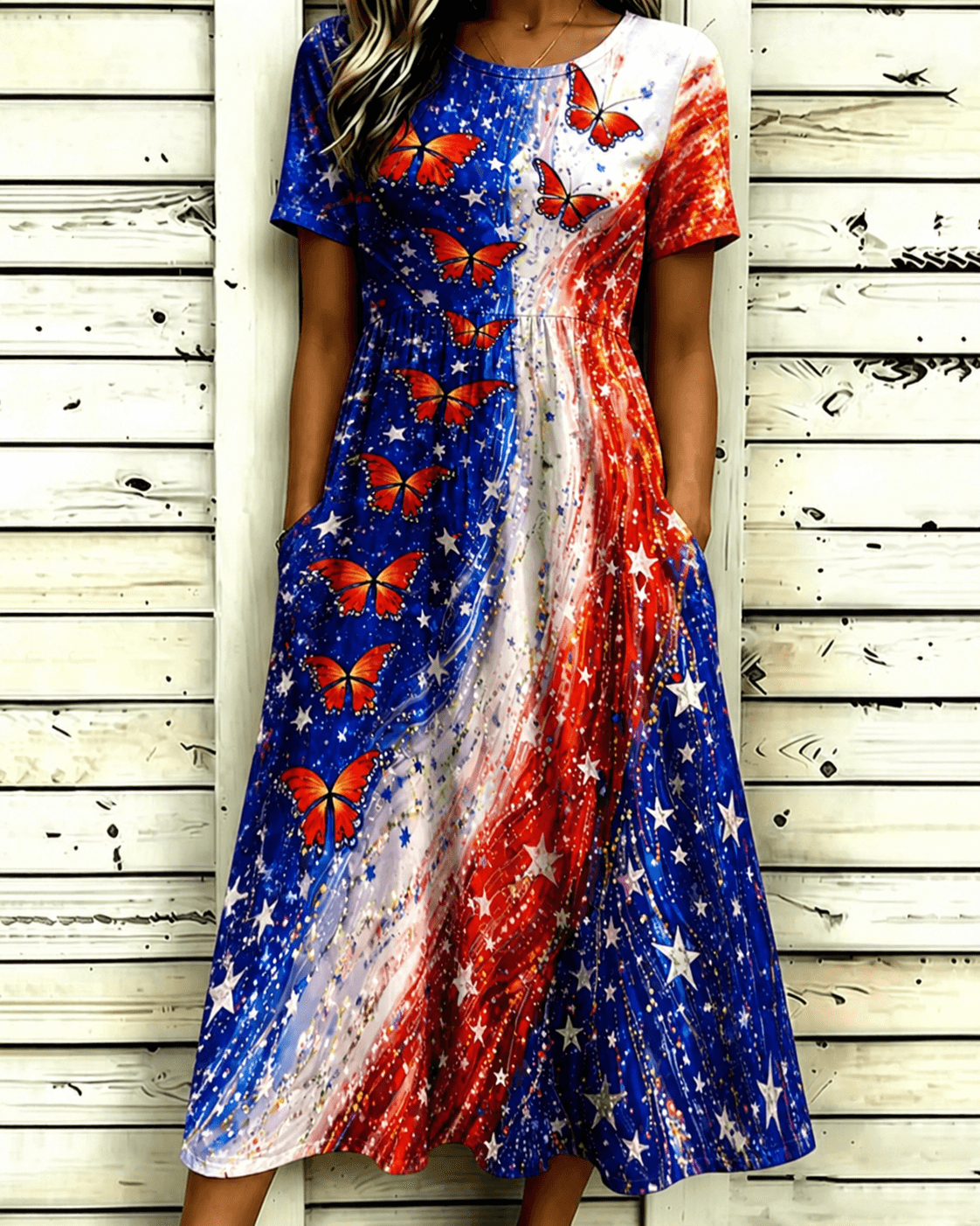 250th Anniversary Wavy Striped Butterfly Print Pocket Casual Dress