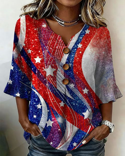 250th Anniversary Wavy Striped Star Print Half-sleeved Shirt