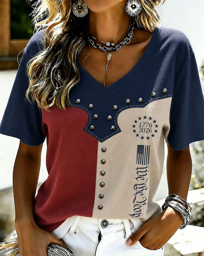 250th Anniversary Western-Style Print V-neck Short Sleeve Tshirt