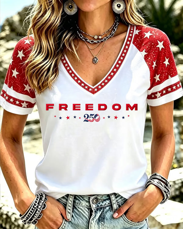 250th Anniversary of Freedom Print V-neck Short Sleeve Tshirt