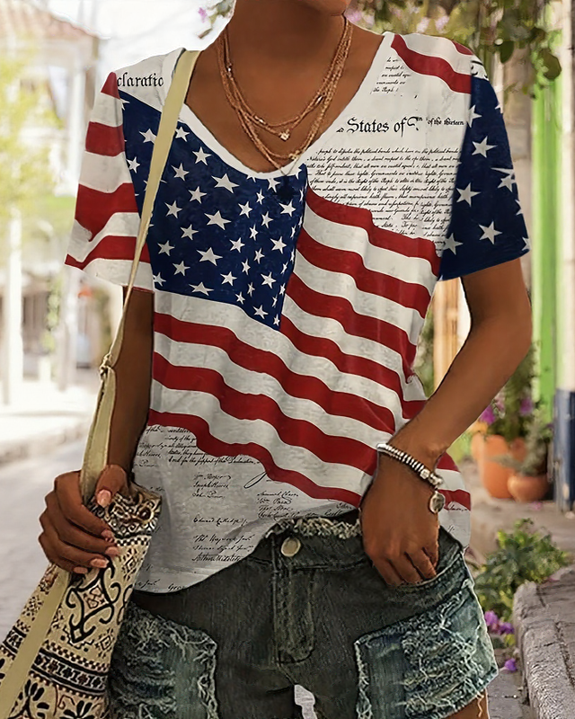 250th Anniversary of Retro National Flag Poster Print Print V-neck Short Sleeve Tshirt