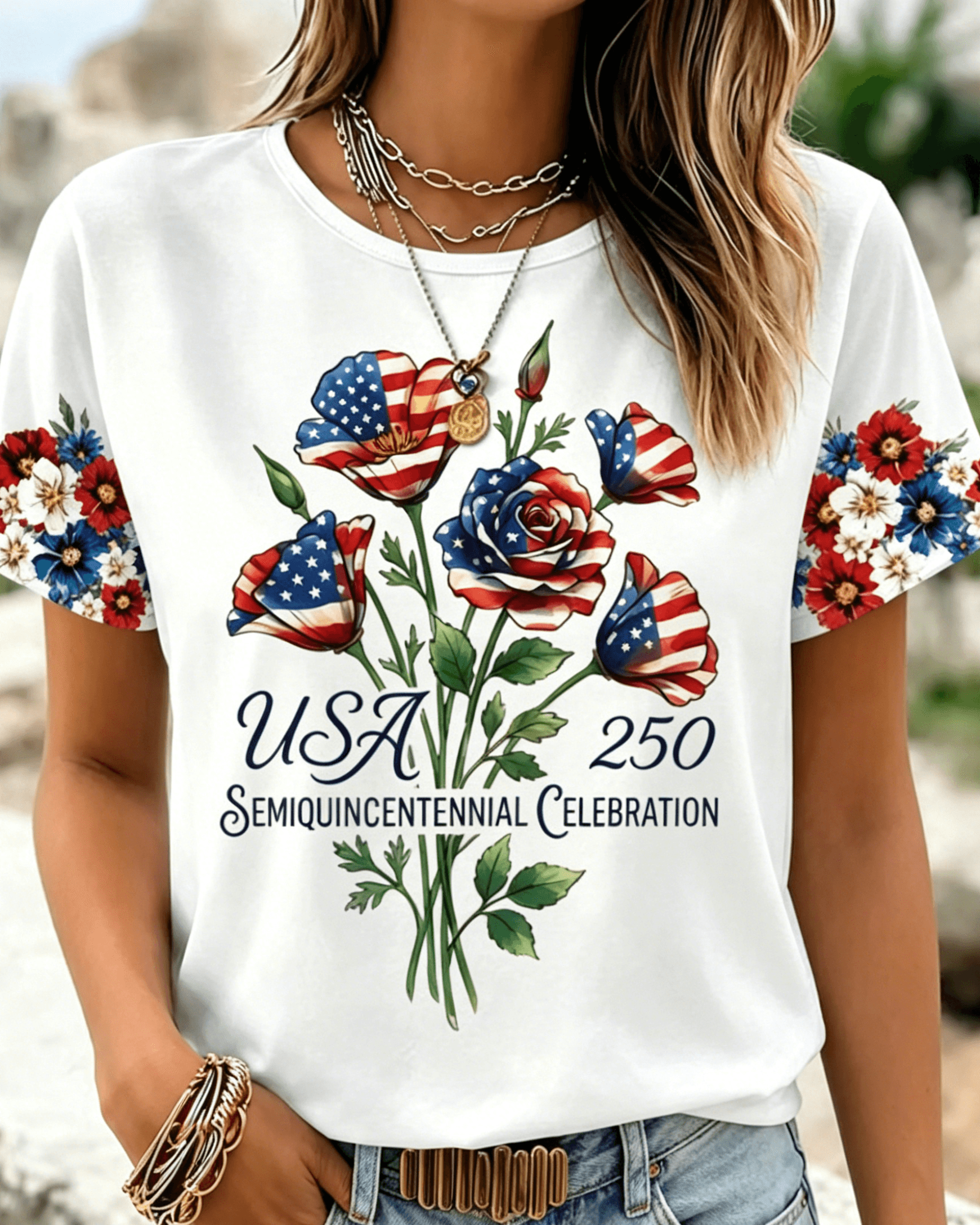 250th Anniversary Colorful Flowers Print Crew Neck Short Sleeve Tshirt